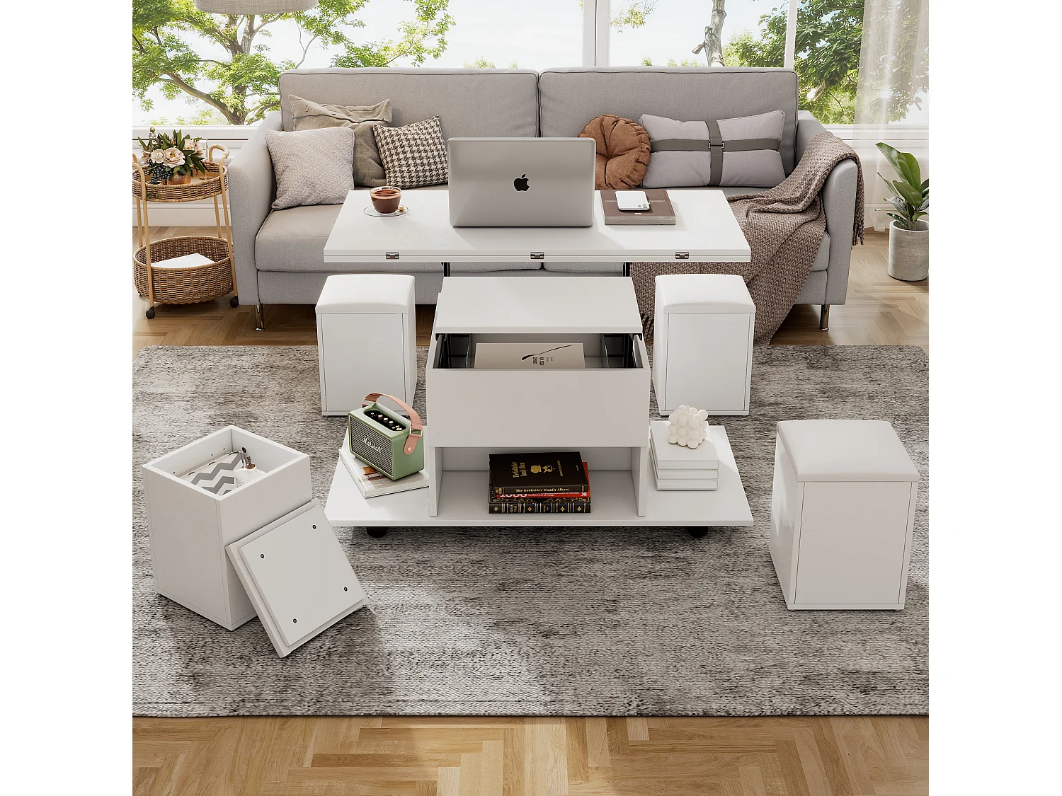Opklapbare salontafel met 4 krukken en 2 tafeltjes - 100 x 50 x 48 cm - Spaanplaat - Wit
