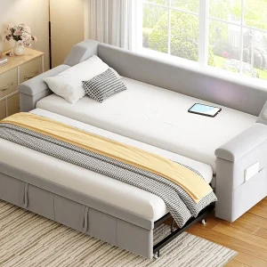 Gestapte slaapbank 90×190 cm – met USB-oplaadpoort – met slim Bluetooth-audiosysteem – fluweelstof – lichtgrijs Gestapte slaapbank 90×190 cm – met USB-oplaadpoort – met slim Bluetooth-audiosysteem – fluweelstof – lichtgrijs