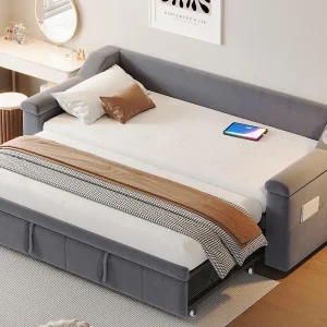 Gestoffeerde slaapbank 90×190 cm – met USB-oplaadpoort – met slim Bluetooth-audiosysteem – fluweelstof – grijs Gestoffeerde slaapbank 90×190 cm – met USB-oplaadpoort – met slim Bluetooth-audiosysteem – fluweelstof – grijs