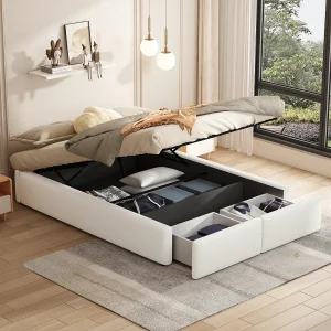 Gestoffeerd opbergbed – 140 x 200 cm – met 2 laden en zonder hoofdbord – linnen + MDF – wit Gestoffeerd opbergbed – 140 x 200 cm – met 2 laden en zonder hoofdbord – linnen + MDF – wit