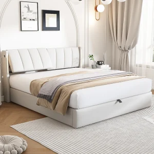 Gestoffeerd opbergbed – 140 x 190 cm – met USB-poort + LED's + verstelbaar hoofdeinde – PU-stof – wit Gestoffeerd opbergbed – 140 x 190 cm – met USB-poort + LED's + verstelbaar hoofdeinde – PU-stof – wit