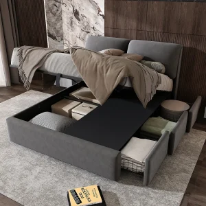 Gestoffeerd opbergbed – 140 x 190 cm – met 3 lades en hoofdeinde – fluwelen stof – grijs Gestoffeerd opbergbed – 140 x 190 cm – met 3 lades en hoofdeinde – fluwelen stof – grijs