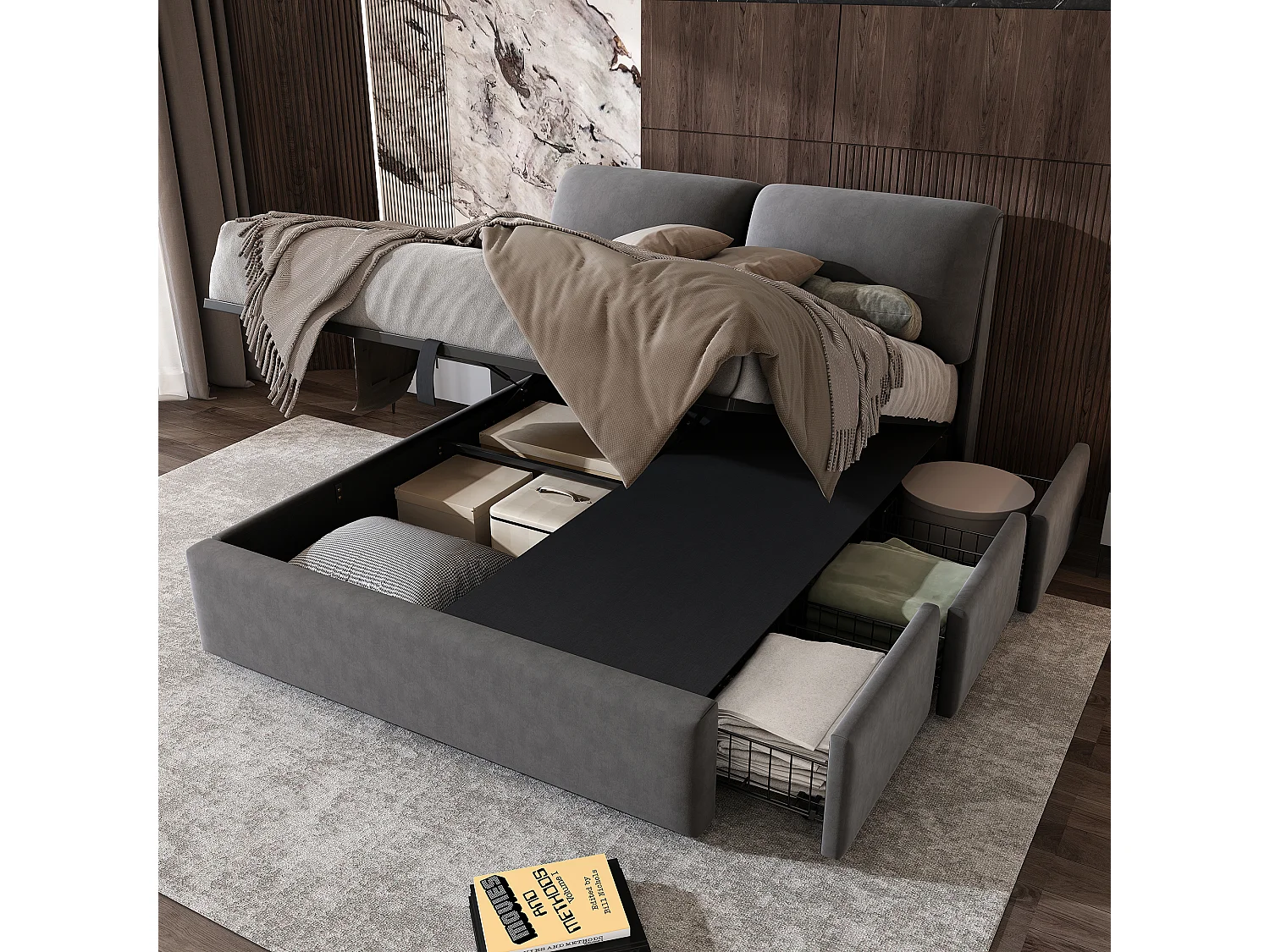 Gestoffeerd opbergbed - 140 x 190 cm - met 3 lades en hoofdeinde - fluwelen stof - grijs