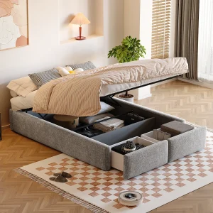 Gestoffeerd opbergbed – 140 x 200 cm – met 2 lades en zonder hoofdeinde – Linnen + MDF – grijs Gestoffeerd opbergbed – 140 x 200 cm – met 2 lades en zonder hoofdeinde – Linnen + MDF – grijs