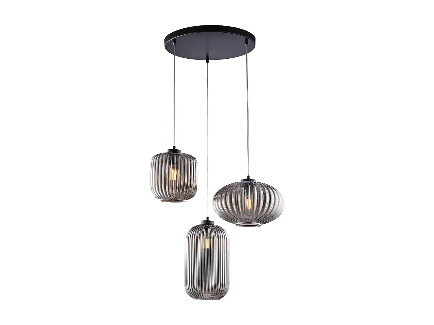Suspension Glamour fer noir, câbles réglables, verre soufflé miroir gris décor rayé, 3 lumières, look élégant