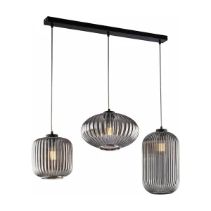 Rail Glamour noir, câbles réglables, verre soufflé miroir gris décor rayé, 3 lumières, design chic et moderne Rail Glamour noir, câbles réglables, verre soufflé miroir gris décor rayé, 3 lumières, design chic et moderne