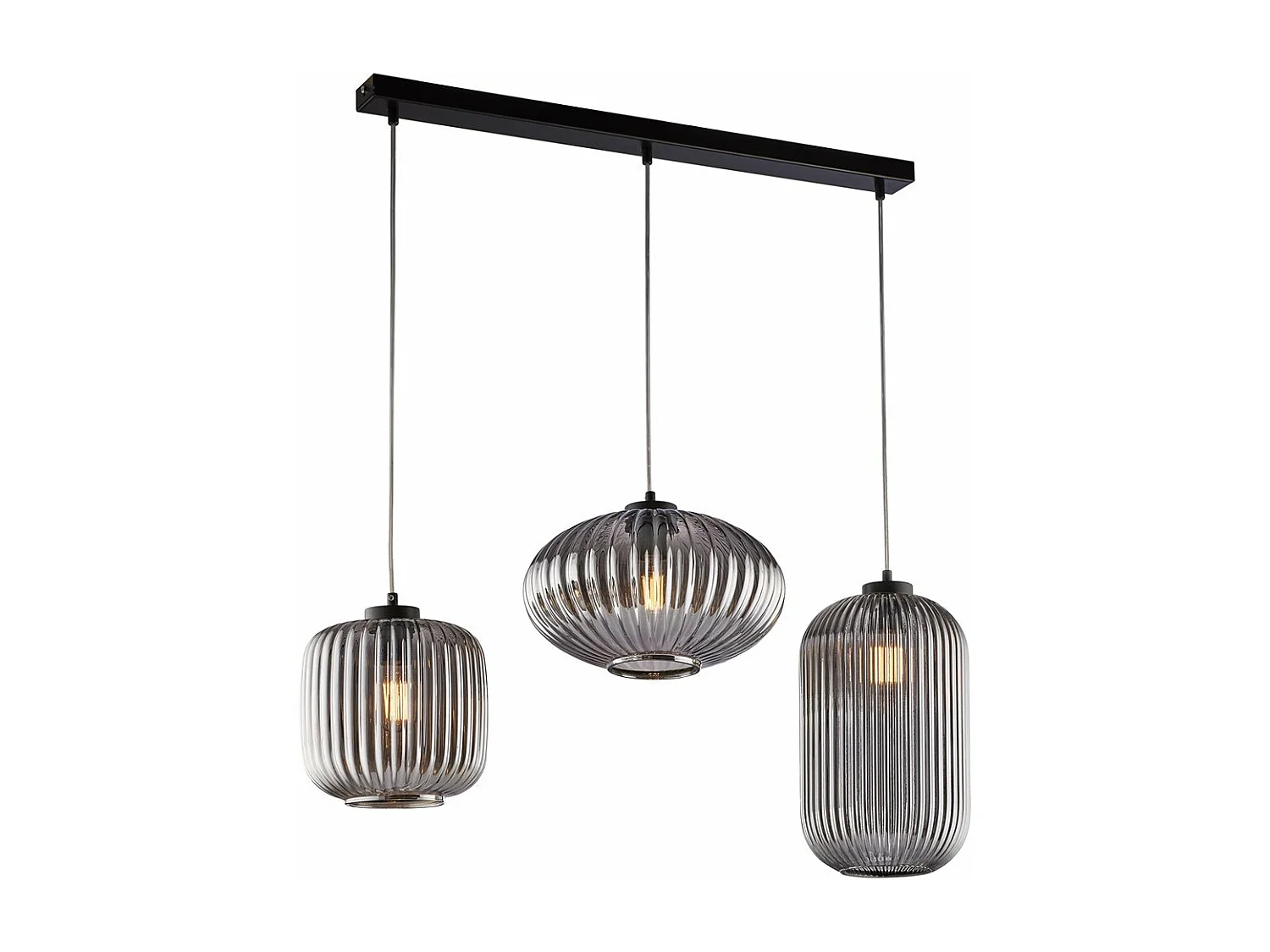 Rail Glamour noir, câbles réglables, verre soufflé miroir gris décor rayé, 3 lumières, design chic et moderne