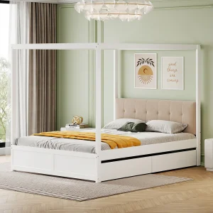 Hemelbed 140×200 cm met grote lades en gevoerd hoofdbord, witte houten constructie (zonder matras) Hemelbed 140×200 cm met grote lades en gevoerd hoofdbord, witte houten constructie (zonder matras)