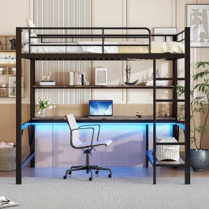 Halfhoogslaper 140×200 cm van metaal – met leuning, ladder, USB en stopcontact, LED, geïntegreerd bureau en plank – Zwart (zonder matras) Halfhoogslaper 140×200 cm van metaal – met leuning, ladder, USB en stopcontact, LED, geïntegreerd bureau en plank – Zwart (zonder matras)