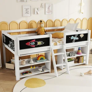 Halfhoogslaper 90×200 cm – Met opbergrekken en ladder – Van wit dennenhout (zonder matras) Halfhoogslaper 90×200 cm – Met opbergrekken en ladder – Van wit dennenhout (zonder matras)