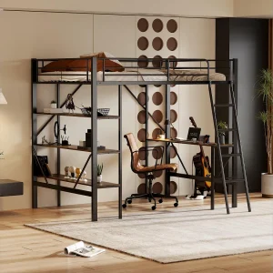 Halfhoogslaper voor kinderen 90×200 cm met bureau en drie grote planken, zwart metalen frame (zonder matras) Halfhoogslaper voor kinderen 90×200 cm met bureau en drie grote planken, zwart metalen frame (zonder matras)