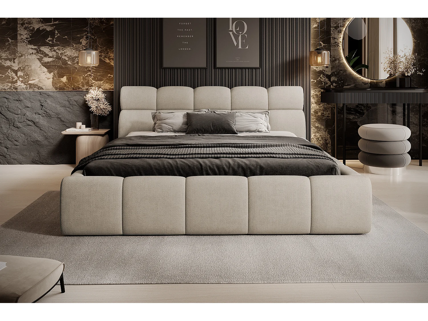 Gestoffeerd bed GIULIA, comfortabel, met opbergruimte, verstelbaar hoofdbord en LED, 180x200x96 cm, kleur: Beige