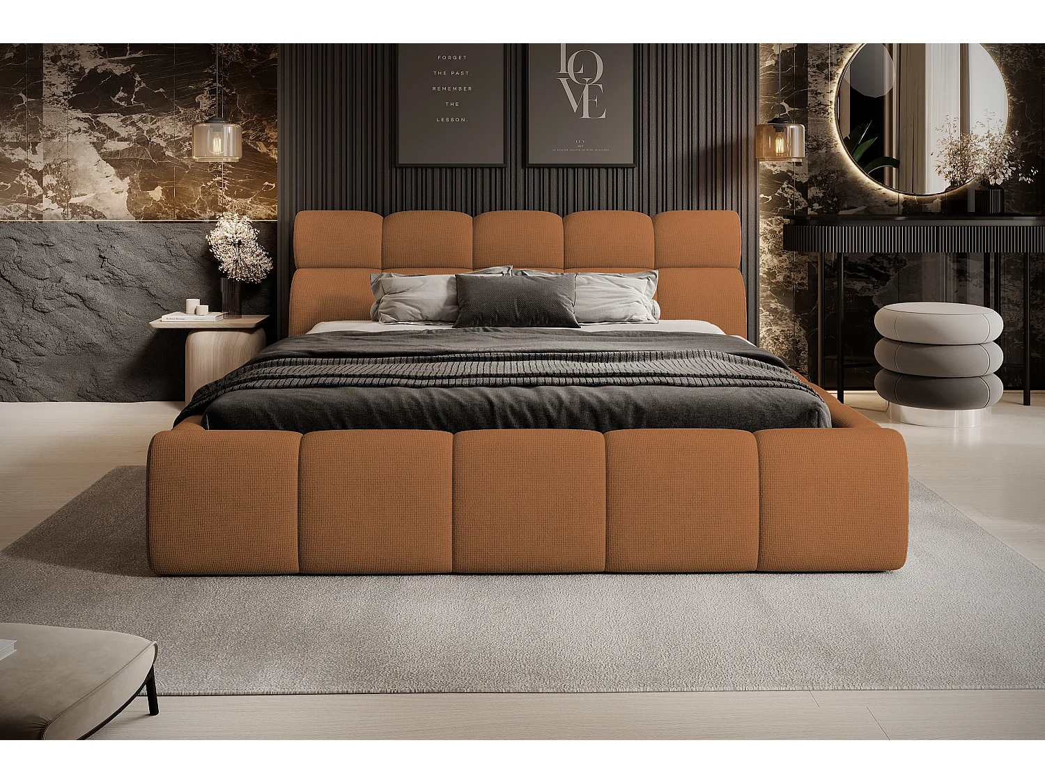 Gestoffeerd bed GIULIA, comfortabel, met opbergruimte, verstelbaar hoofdbord en LED, 140x200x96 cm, kleur: Oranje