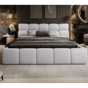 Gestoffeerd bed GIULIA, comfortabel, met opbergruimte, verstelbaar hoofdbord en LED, 140x200x96 cm, kleur: Lichtgrijs