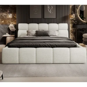 Gestoffeerd bed GIULIA, comfortabel, met opbergruimte, verstelbaar hoofdbord en LED, 140x200x96 cm, kleur: Crème