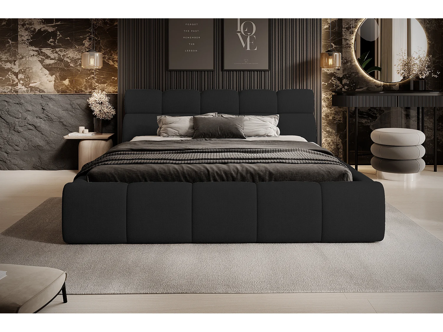 Gestoffeerd bed GIULIA, comfortabel, met opbergruimte, verstelbaar hoofdbord en LED, 140x200x96 cm, kleur: Zwart