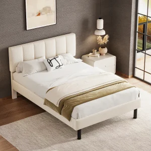 Gestoffeerd bed – 140 x 190 cm – met hoofdbord – Sherpa stof – matras niet inbegrepen – beige Gestoffeerd bed – 140 x 190 cm – met hoofdbord – Sherpa stof – matras niet inbegrepen – beige