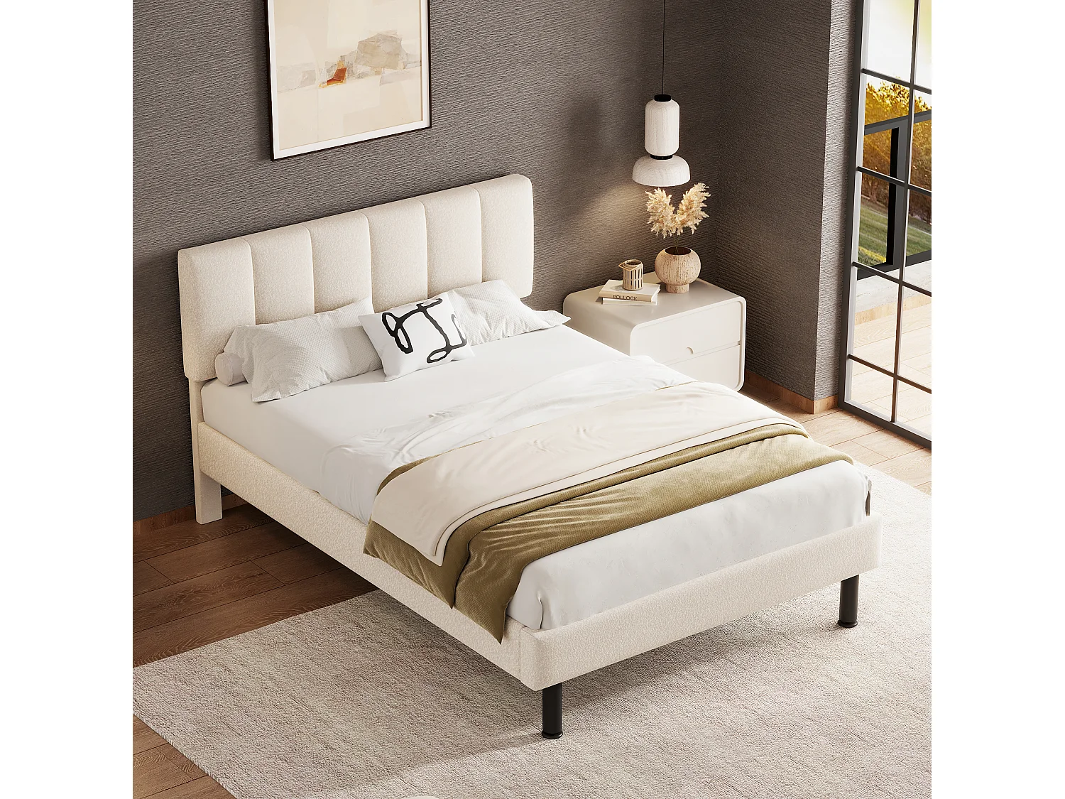Gestoffeerd bed - 140 x 190 cm - met hoofdbord - Sherpa stof - matras niet inbegrepen - beige