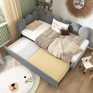 Gestoffeerd uitschuifbed – 90 x 200 cm + 90 x 190 cm – kinderslaapbank – zonder matras – fluweel – grijs Gestoffeerd uitschuifbed – 90 x 200 cm + 90 x 190 cm – kinderslaapbank – zonder matras – fluweel – grijs