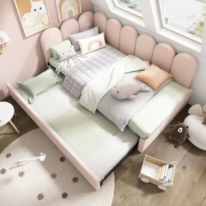 Gestoffeerd uitschuifbed – 90 x 200 cm + 90 x 190 cm – kinderslaapbank – zonder matras – fluweel – roze Gestoffeerd uitschuifbed – 90 x 200 cm + 90 x 190 cm – kinderslaapbank – zonder matras – fluweel – roze