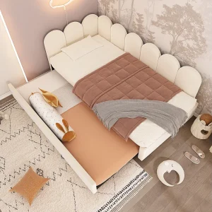 Gestoffeerd uitschuifbed – 90 x 200 cm + 90 x 190 cm – kinderslaapbank – zonder matras – fluweel – beige Gestoffeerd uitschuifbed – 90 x 200 cm + 90 x 190 cm – kinderslaapbank – zonder matras – fluweel – beige