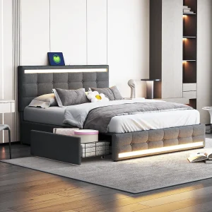 Gestoffeerd opbergbed – 140 x 200 cm – 4 lades + 2 USB-oplaadstations + LED's – hoofdeinde – Linnen stof – grijs Gestoffeerd opbergbed – 140 x 200 cm – 4 lades + 2 USB-oplaadstations + LED's – hoofdeinde – Linnen stof – grijs