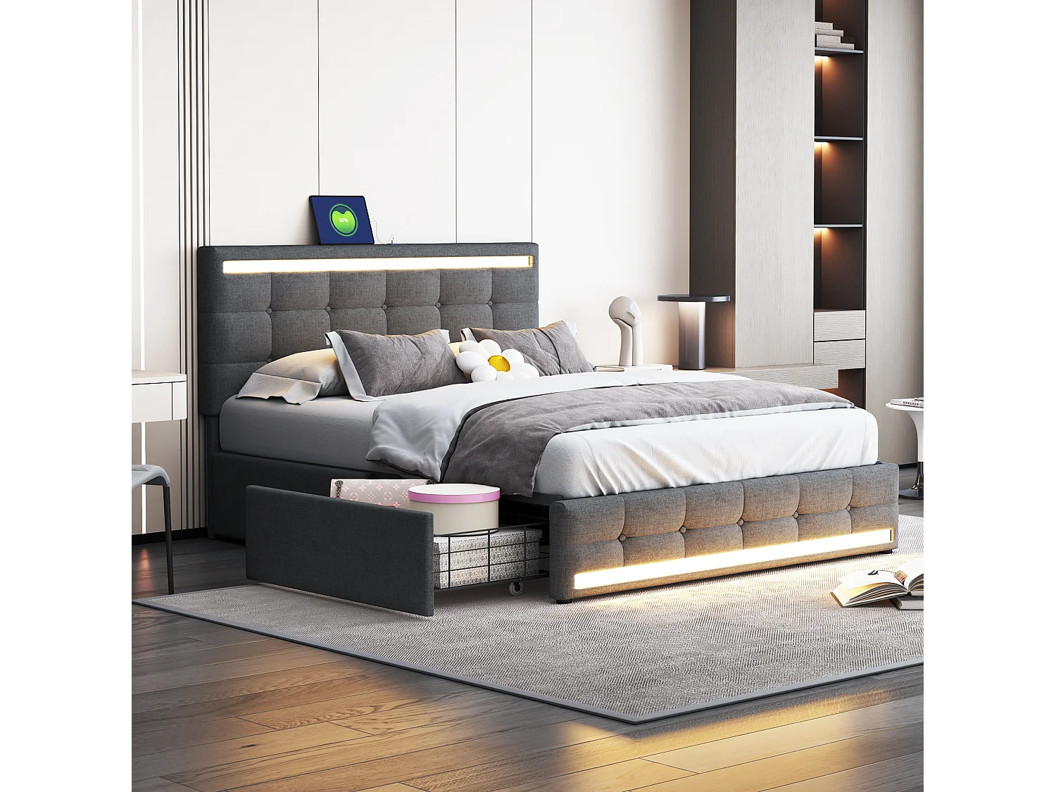 Gestoffeerd opbergbed - 140 x 200 cm - 4 lades + 2 USB-oplaadstations + LED's - hoofdeinde - Linnen stof - grijs