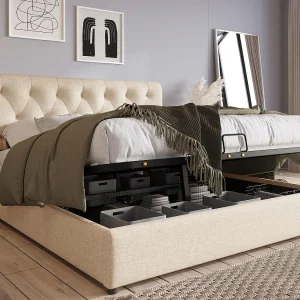 Gewatteerd opbergbed in linnenstof – 140x200cm – met lattenbodem – Licht naturel