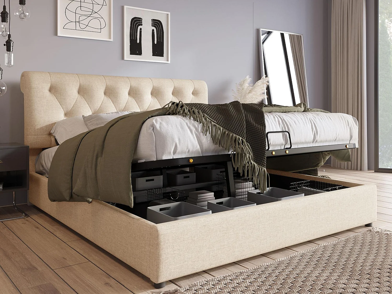 Gewatteerd opbergbed in linnenstof - 140x200cm - met lattenbodem - Licht naturel