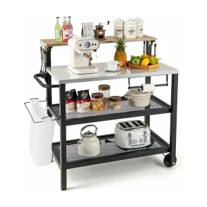 Grillwagen met opklapbare tafel, grilltafel, handdoekhouder, vuilniszakhouder en 2 planken, outdoor serveerwagen, grill bijzettafel, pizzaovenstandaard, rolwagen Grillwagen met opklapbare tafel, grilltafel, handdoekhouder, vuilniszakhouder en 2 planken, outdoor serveerwagen, grill bijzettafel, pizzaovenstandaard, rolwagen