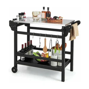 Grillwagen van HDPE, grilltafel, wijnflessenrek, handvat & 2 wielen, werkblad, outdoor serveerwagen, weerbestendige bijzettafel voor tuin, terras ZB33777 Grillwagen van HDPE, grilltafel, wijnflessenrek, handvat & 2 wielen, werkblad, outdoor serveerwagen, weerbestendige bijzettafel voor tuin, terras ZB33777