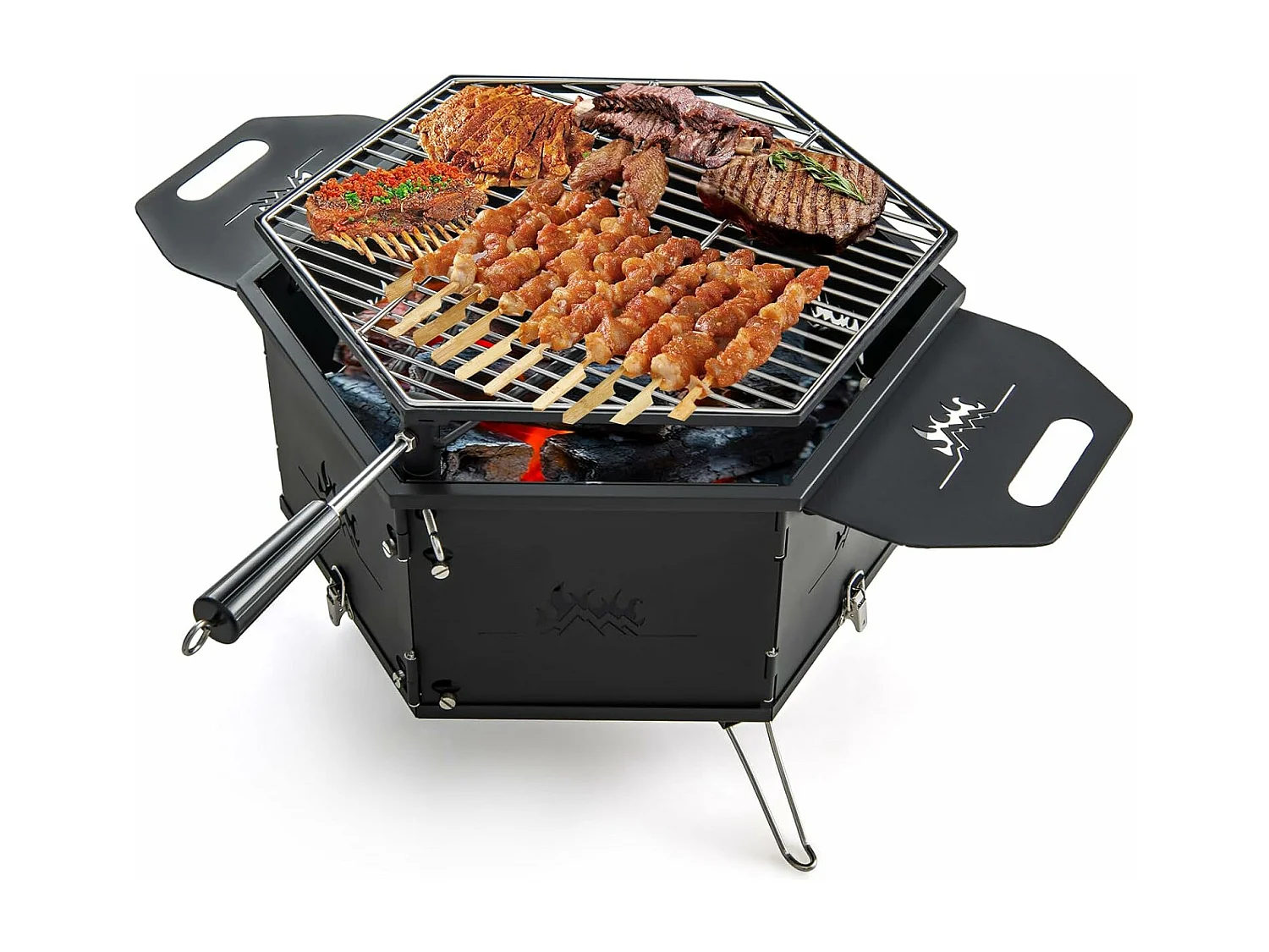 Grote houtskoolgrill met 360° draaibare grill, 2-in-1 vuurschaal, klapgrill, campinggrill met handgrepen voor koken, voor feestjes, camping 77 x 74 x 38 cm