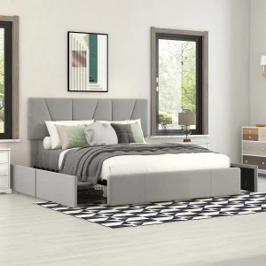 Gewatteerd volwassenenbed 140x200cm in fluweel – met 4 lades en verstelbaar hoofdeinde – Grijs