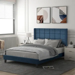 Gestoffeerd bed in linnenstof – 140x200cm – met hoofdeinde en lattenbodem – Blauw Gestoffeerd bed in linnenstof – 140x200cm – met hoofdeinde en lattenbodem – Blauw