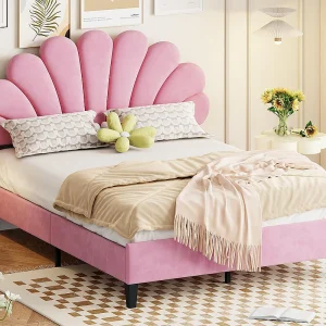 Tweepersoonsbed bekleed met fluweel – 140x200cm – bloemvormig hoofdeinde – met lattenbodem – Roze Tweepersoonsbed bekleed met fluweel – 140x200cm – bloemvormig hoofdeinde – met lattenbodem – Roze