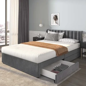 Bed van 160x200cm met 2 laden – bekleed met fluweel – moderne stijl – Grijs