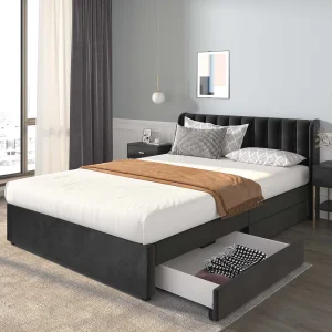 Bed van 160x200cm met 2 laden – bekleed met fluweel – moderne stijl – Zwart