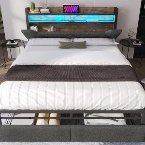 Bed met lade 160x200cm bekleed met linnenstof – met LED en oplaadpoorten – Grijs