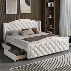 Volwassen bed bekleed met kunstleer – 140x200cm – met 2 laden – Wit