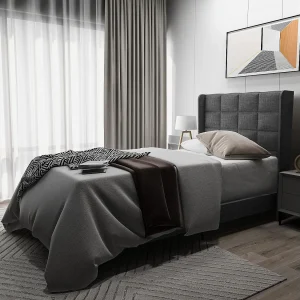 Gestoffeerd bed in linnenstof – 90x200cm – met hoofdeinde en lattenbodem – Grijs Gestoffeerd bed in linnenstof – 90x200cm – met hoofdeinde en lattenbodem – Grijs