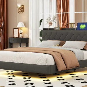 Gewatteerd linnen bed 160x200cm – met USB & LED-oplaadpoort – met lattenbodem – Grijs Gewatteerd linnen bed 160x200cm – met USB & LED-oplaadpoort – met lattenbodem – Grijs