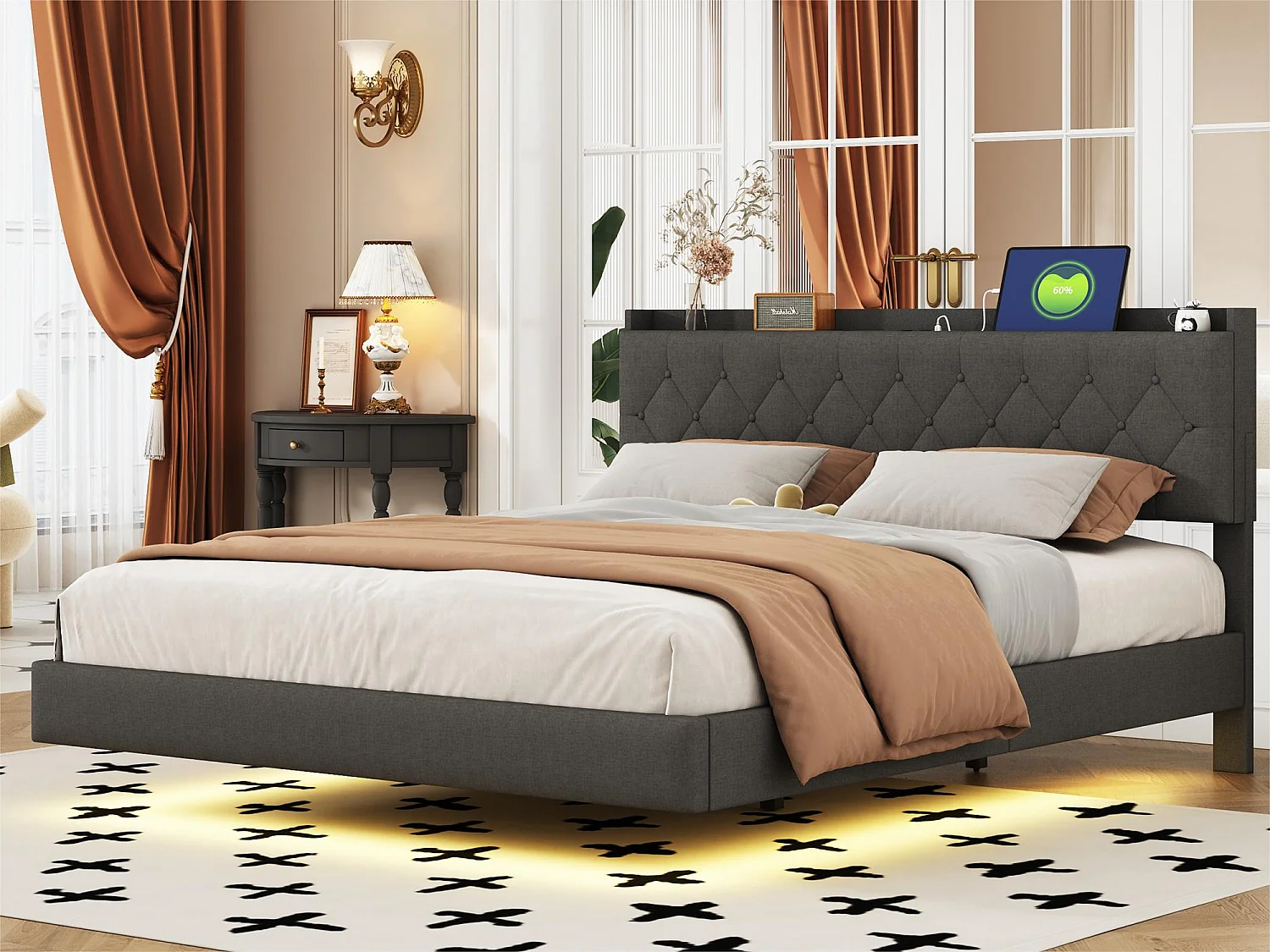 Gewatteerd linnen bed 160x200cm - met USB & LED-oplaadpoort - met lattenbodem - Grijs