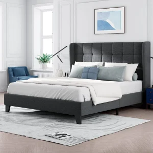 Gestoffeerd bed in linnenstof – 140x200cm – met hoofdeinde en lattenbodem – Grijs Gestoffeerd bed in linnenstof – 140x200cm – met hoofdeinde en lattenbodem – Grijs