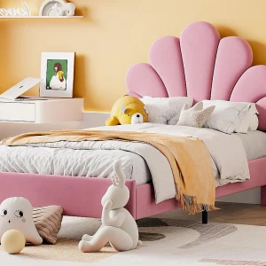 Eenpersoonsbed bekleed met fluweel – 90x200cm – bloemvormig hoofdeinde – met lattenbodem – Roze