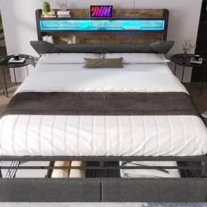 Bed met lade 140x200cm bekleed met linnenstof – met LED en oplaadpoorten – Grijs