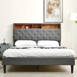 Gewatteerd tweepersoonsbed 140x200cm in linnen met LED en opbergruimte – lattenbodem – Grijs