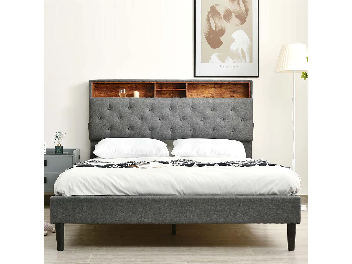 Gewatteerd tweepersoonsbed 140x200cm in linnen met LED en opbergruimte - lattenbodem - Grijs