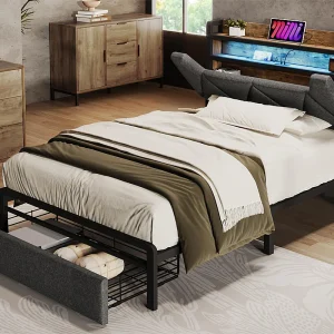 Bed met lade 90x200cm bekleed met linnenstof – met LED en oplaadpoorten – Grijs