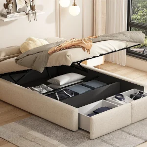 Gestoffeerd tweepersoonsbed 140x200cm zonder hoofdeinde – met 2 lades – Linnen Stof – Wit Gestoffeerd tweepersoonsbed 140x200cm zonder hoofdeinde – met 2 lades – Linnen Stof – Wit