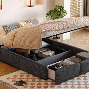 Gestoffeerd tweepersoonsbed 140x200cm zonder hoofdbord – met 2 lades – Linnen stof – Grijs Gestoffeerd tweepersoonsbed 140x200cm zonder hoofdbord – met 2 lades – Linnen stof – Grijs